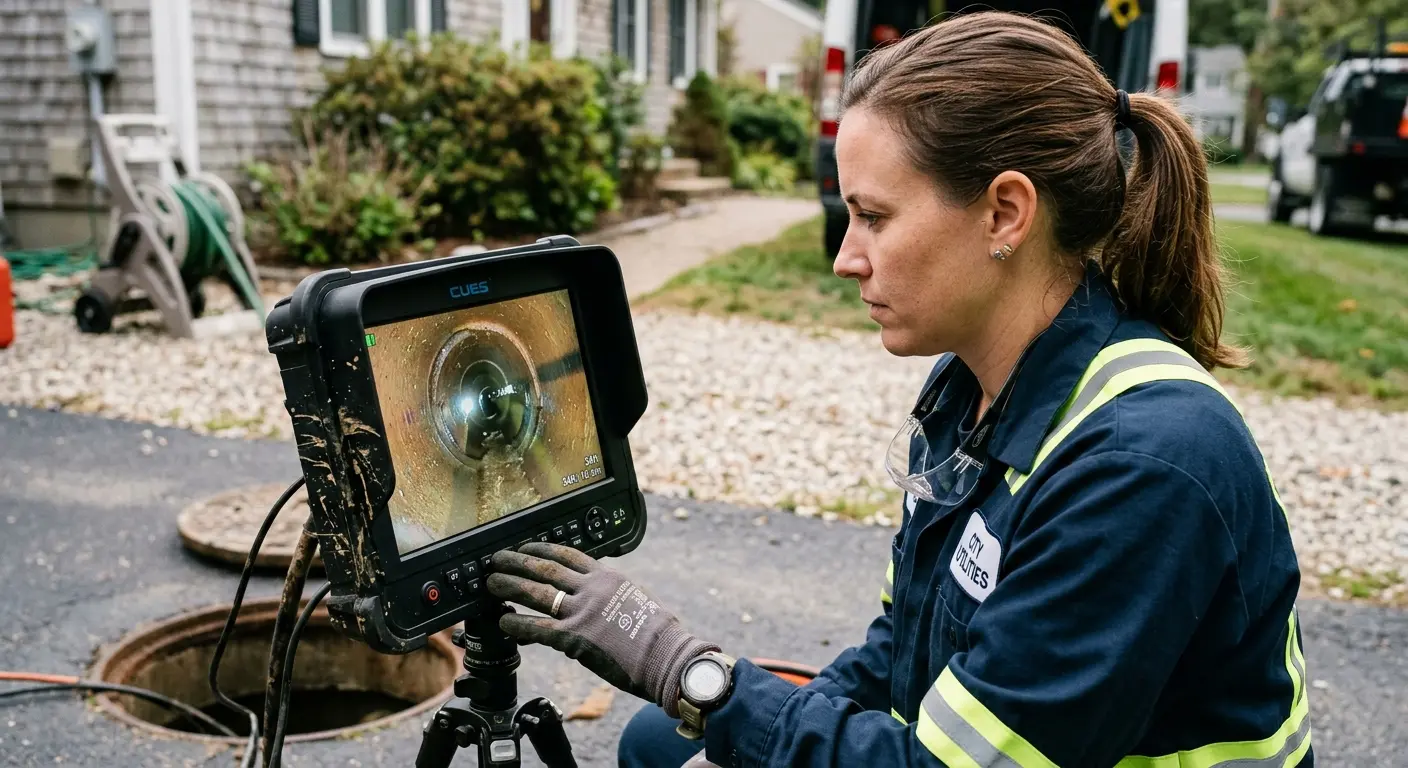 Technician reviewing sewer camera inspection footage in Tucson Mountains