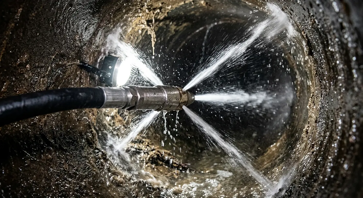High-pressure hydro jetting nozzle cleaning sewer pipe for Storm Drain Cleaning in Tucson Mountains