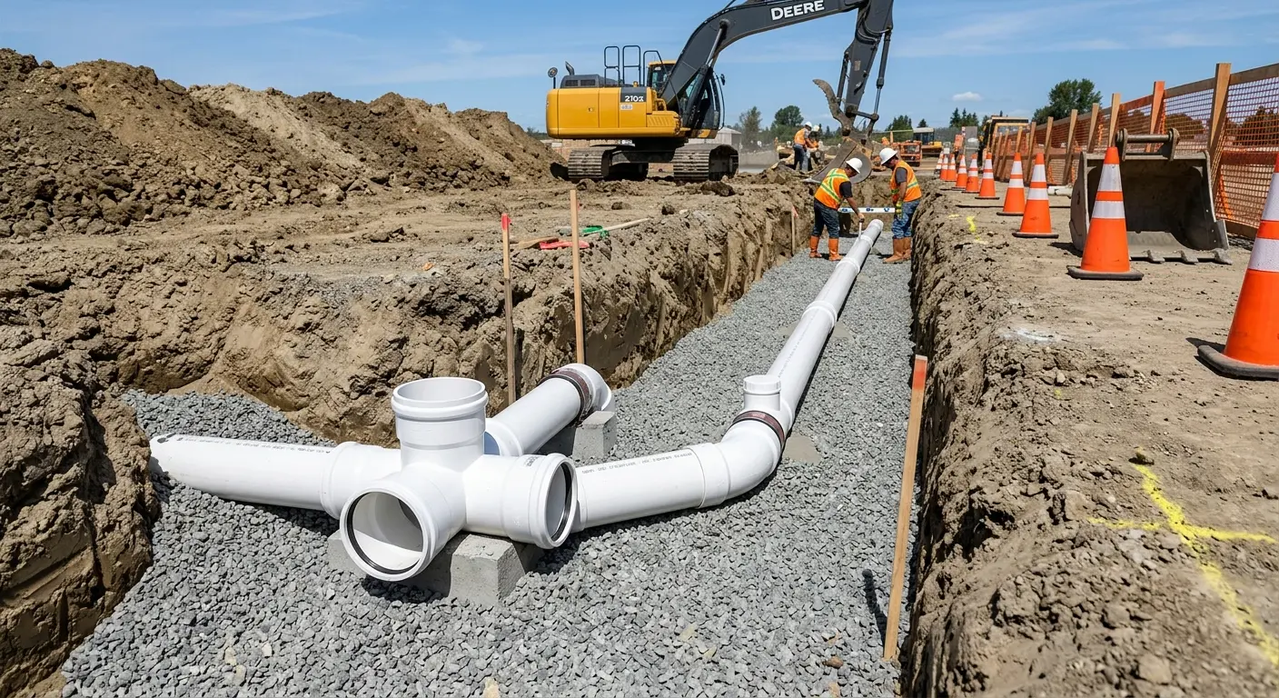 New PVC sewer pipe installation in open trench for Commercial Drain Cleaning in Tucson Mountains
