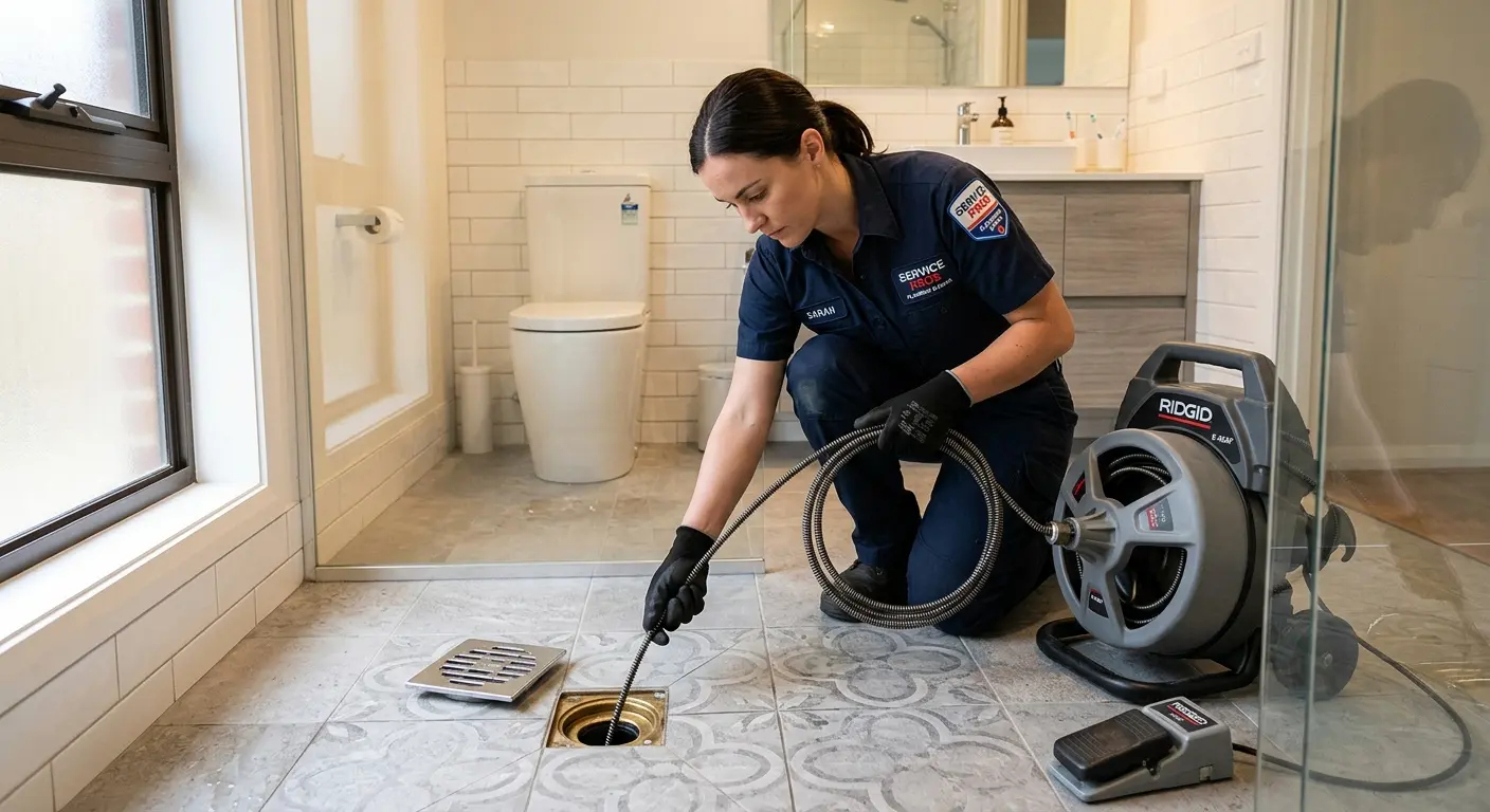 Technician clearing a bathroom floor drain for Drain Cleaning in Tucson Mountains